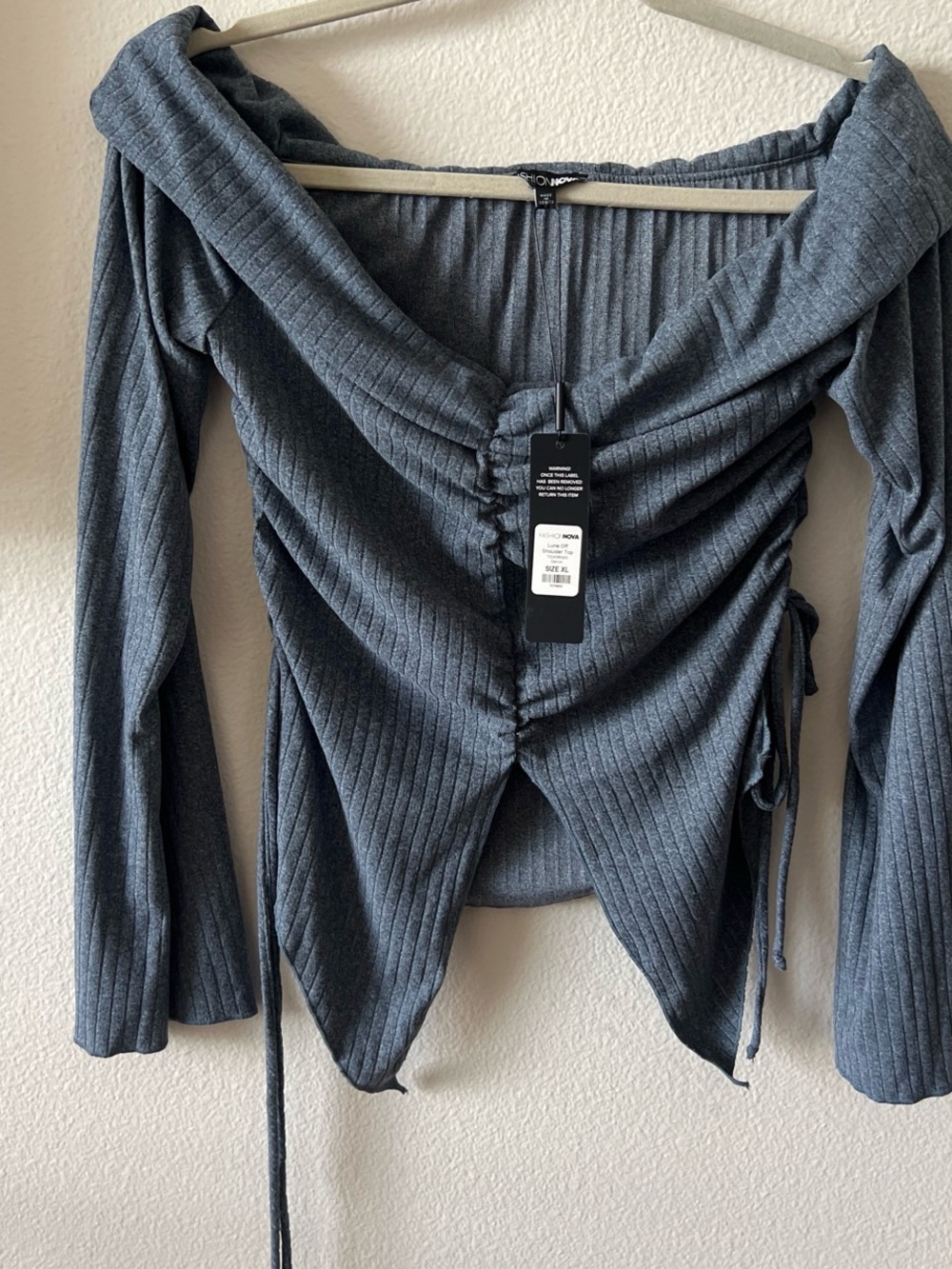 Fashion Nova Charcoal Ribbed Off-Shoulder Ruched Top